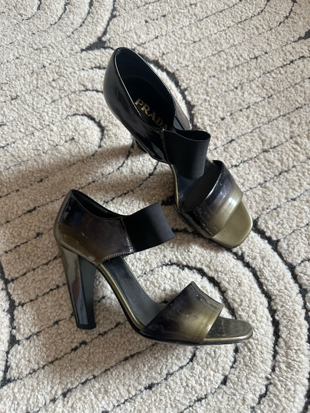 Prada Black Patent to Olive Ombre Stretch-Strap Heels 36